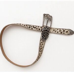 Cow hair western buckle‎ -silver brand with cow print and embellished buckle